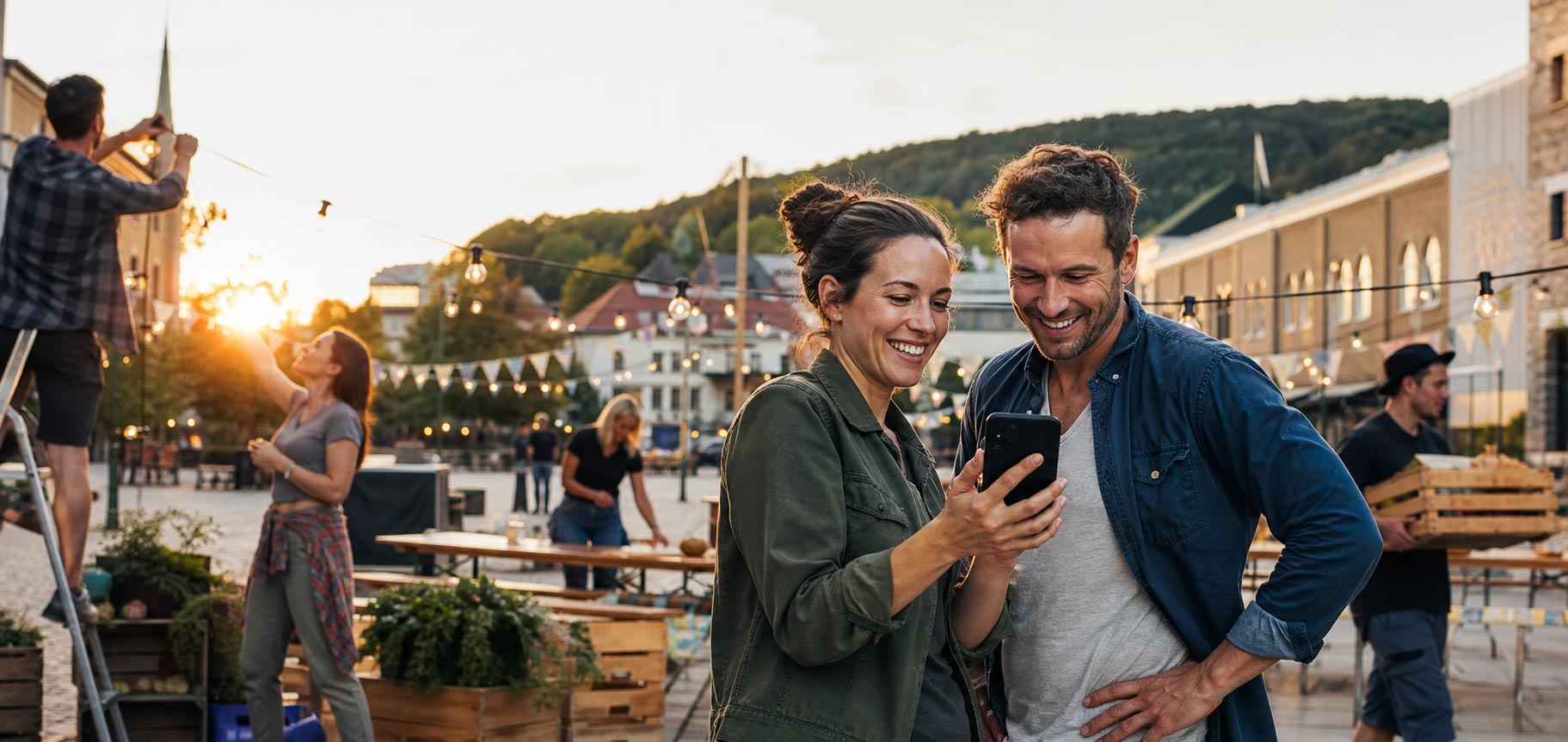 To arrangører ser på mobilen mens torget gjøres klart til fest