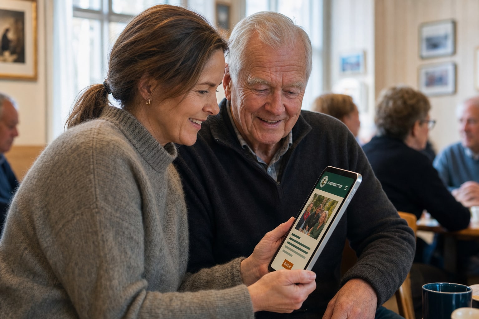 To mennesker ser på foreningens nettside på mobilen