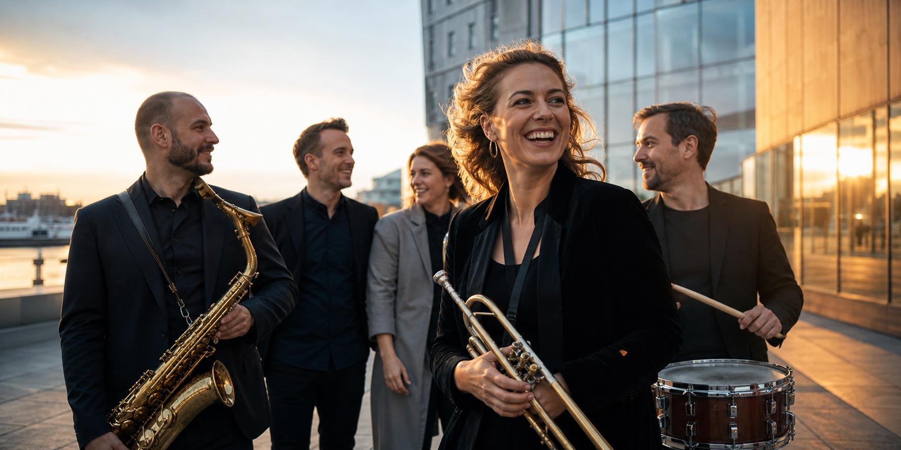 Musikere med instrumentene sine på vei fra øving