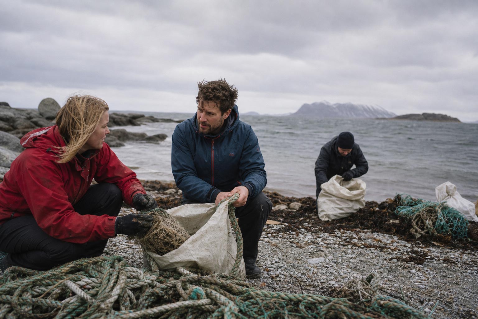 Frivillige rydder tau og garn fra en steinete strand